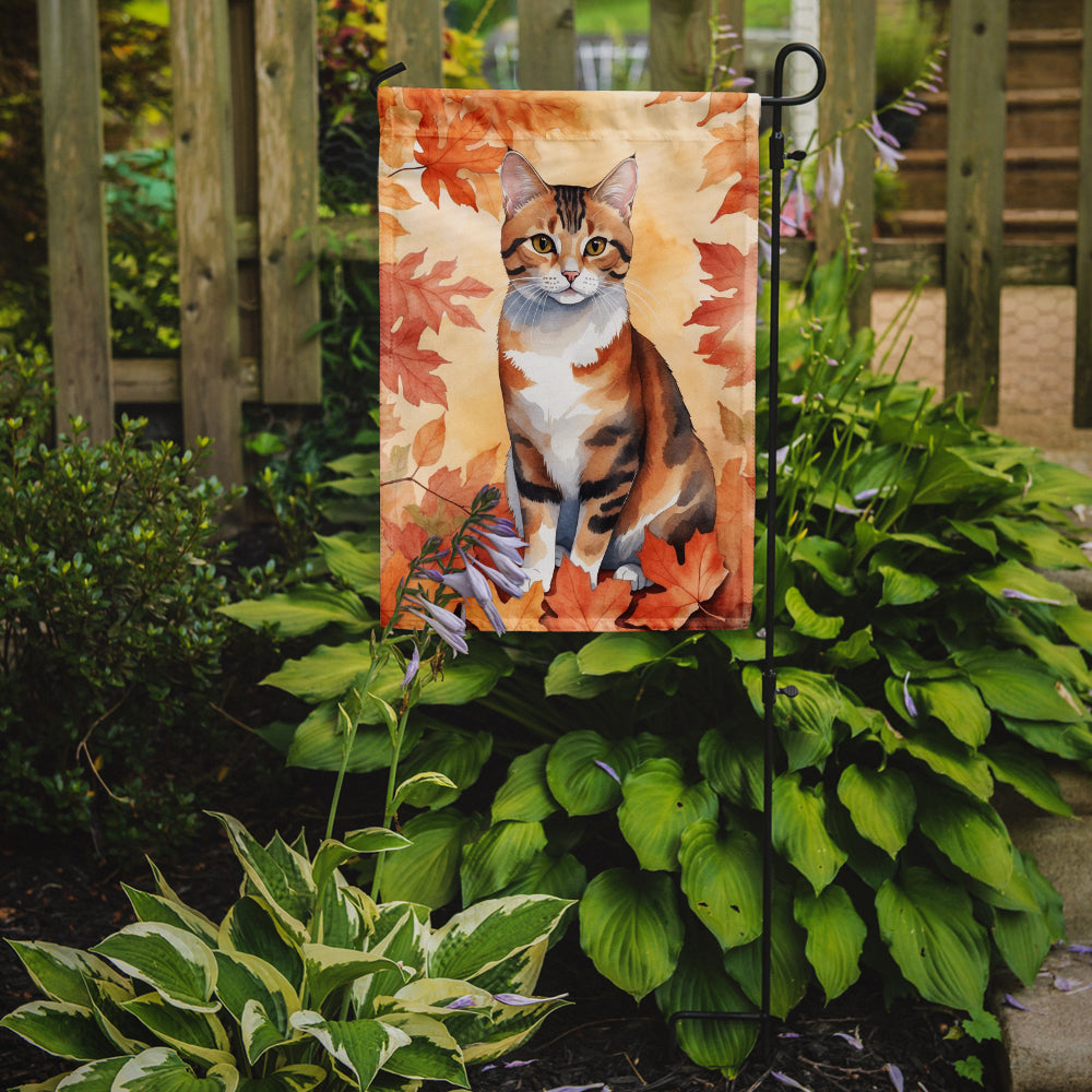 Korean Bobtail Cat in Fall Leaves Garden Flag