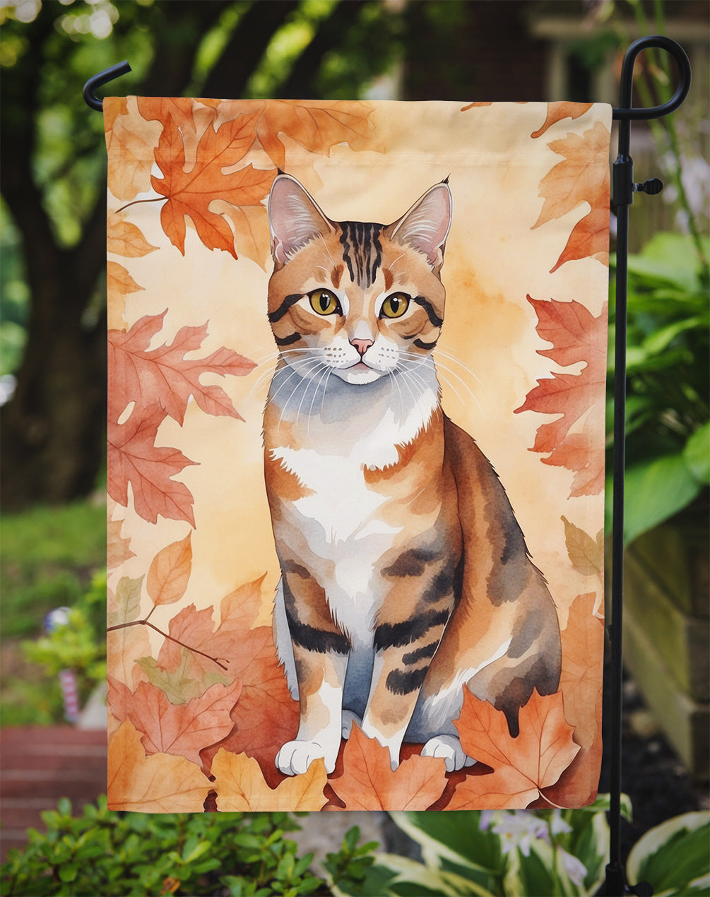 Korean Bobtail Cat in Fall Leaves Garden Flag