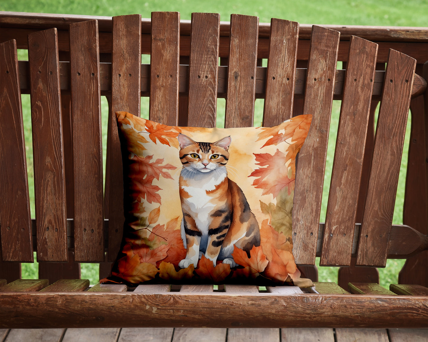 Korean Bobtail Cat in Fall Leaves Throw Pillow