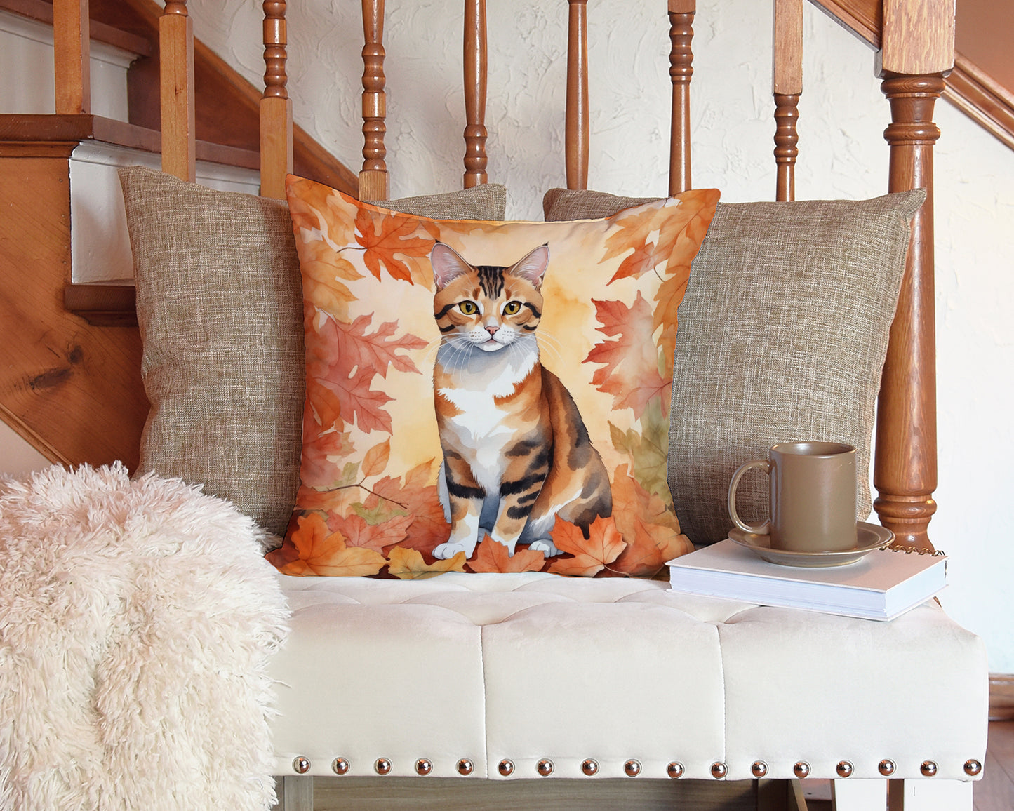 Korean Bobtail Cat in Fall Leaves Throw Pillow