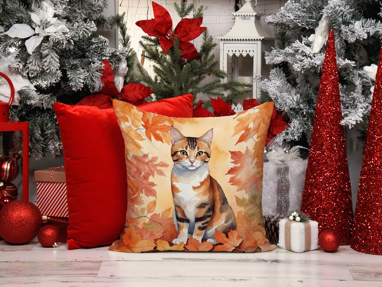 Korean Bobtail Cat in Fall Leaves Throw Pillow