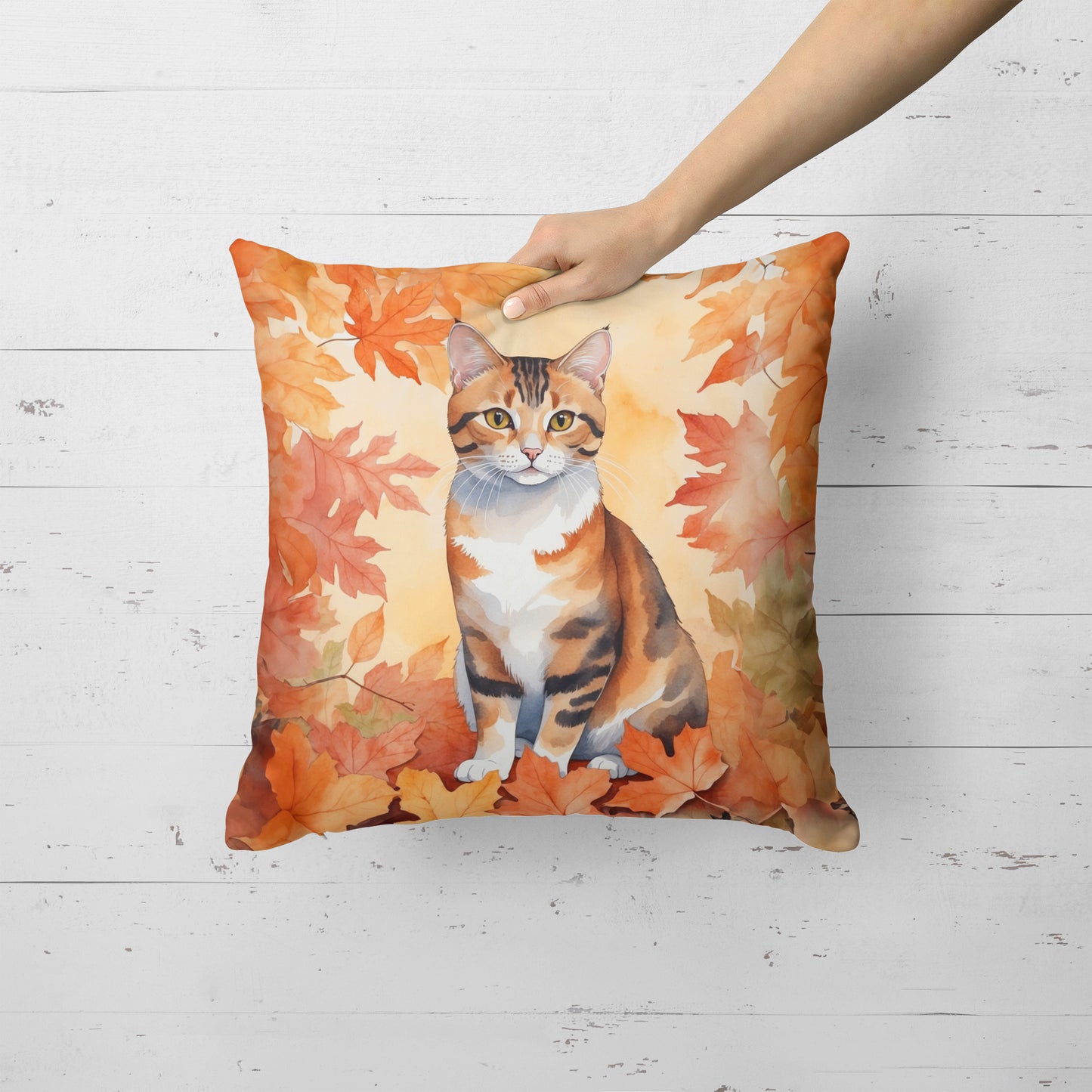 Korean Bobtail Cat in Fall Leaves Throw Pillow