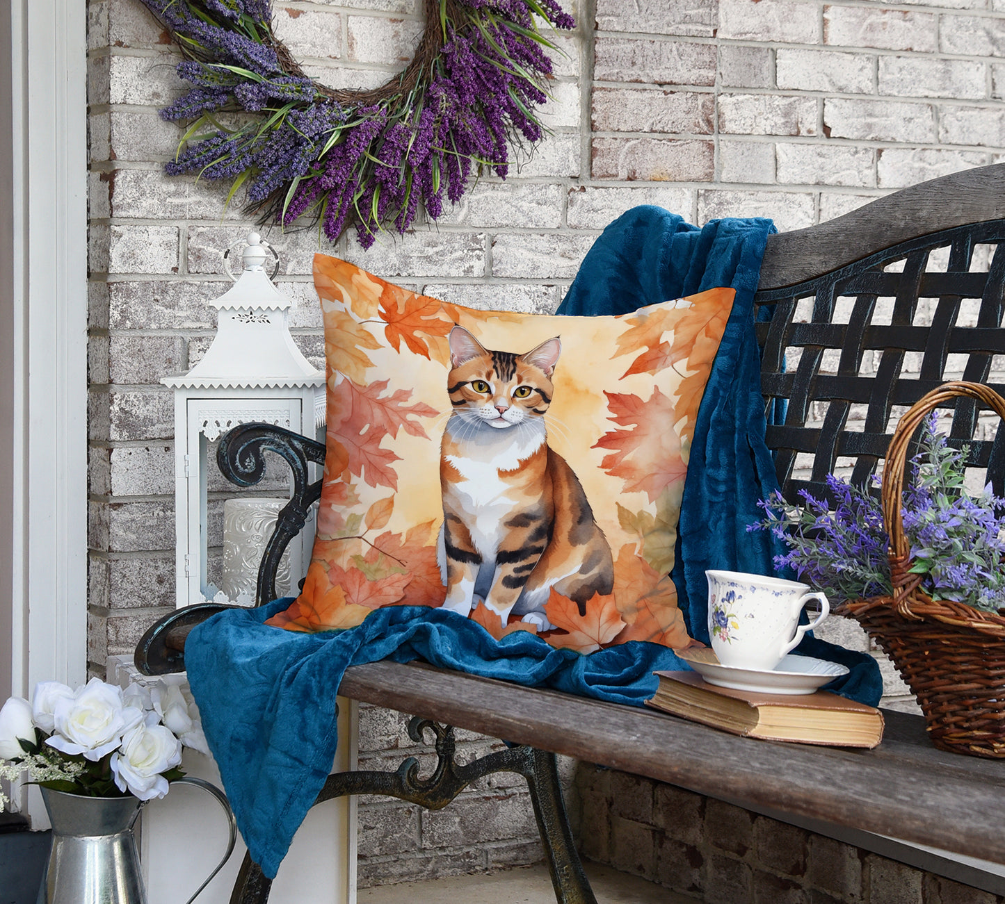 Korean Bobtail Cat in Fall Leaves Throw Pillow