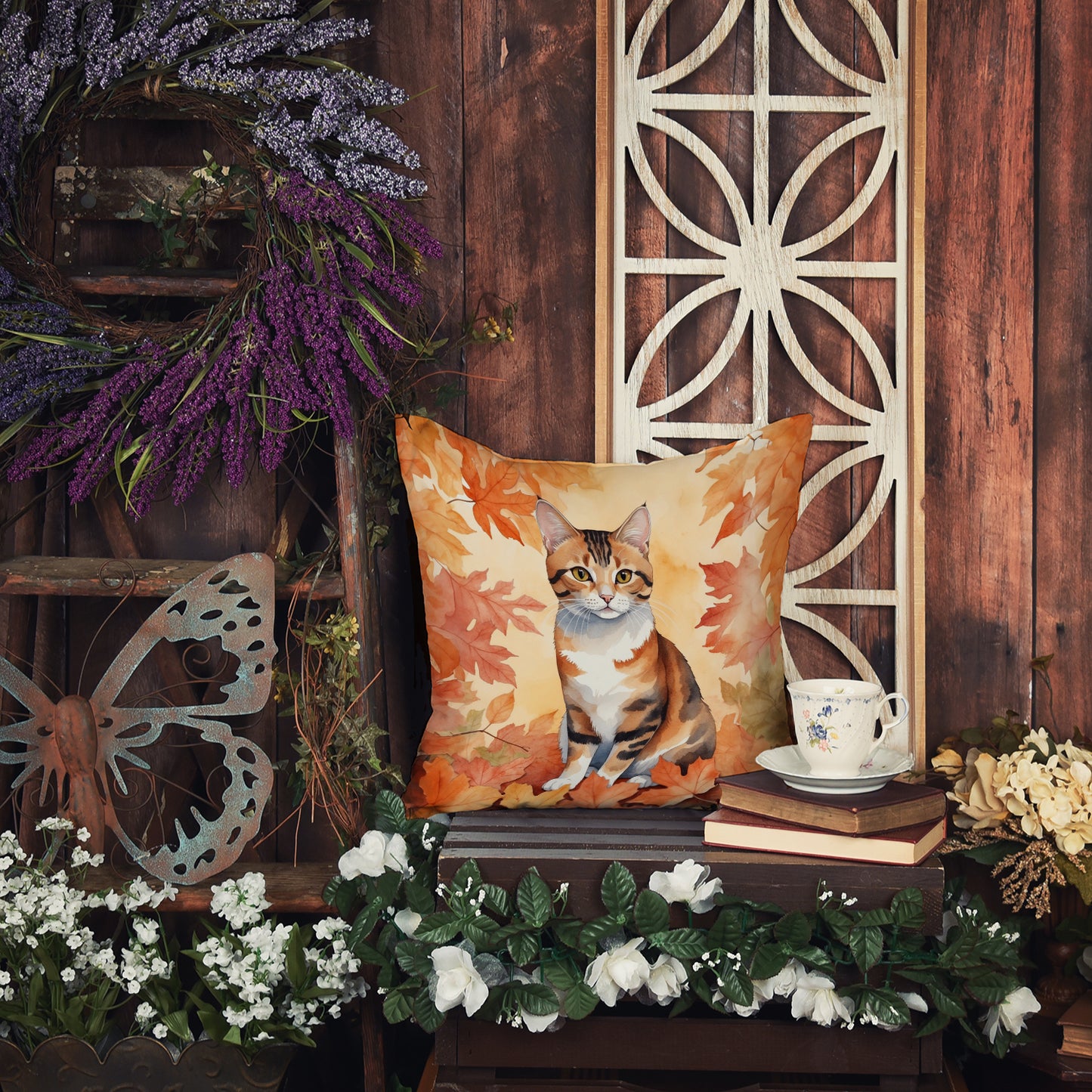 Korean Bobtail Cat in Fall Leaves Throw Pillow