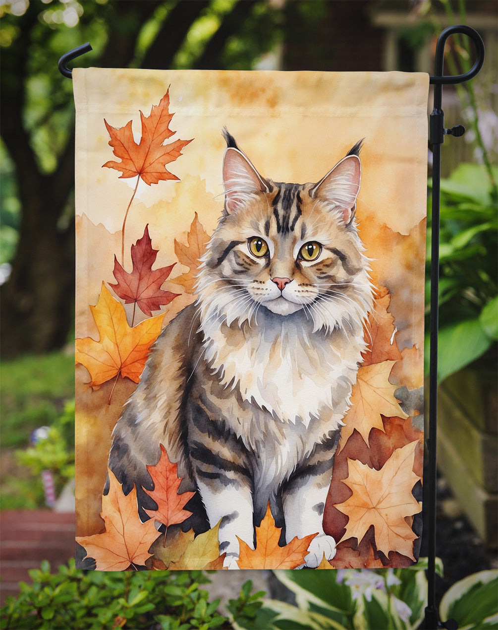 Kurilian Bobtail Cat in Fall Leaves Garden Flag