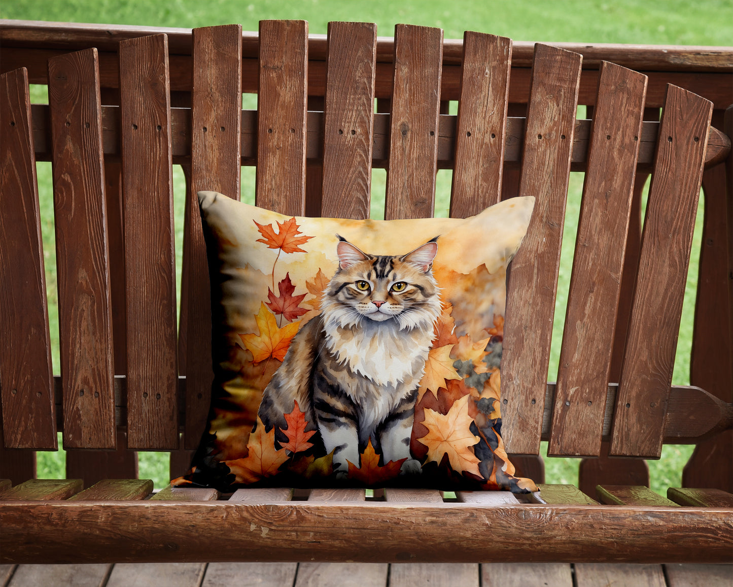 Kurilian Bobtail Cat in Fall Leaves Throw Pillow