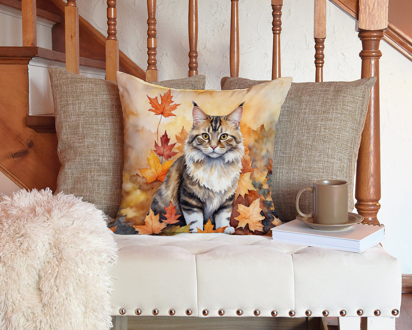 Kurilian Bobtail Cat in Fall Leaves Throw Pillow