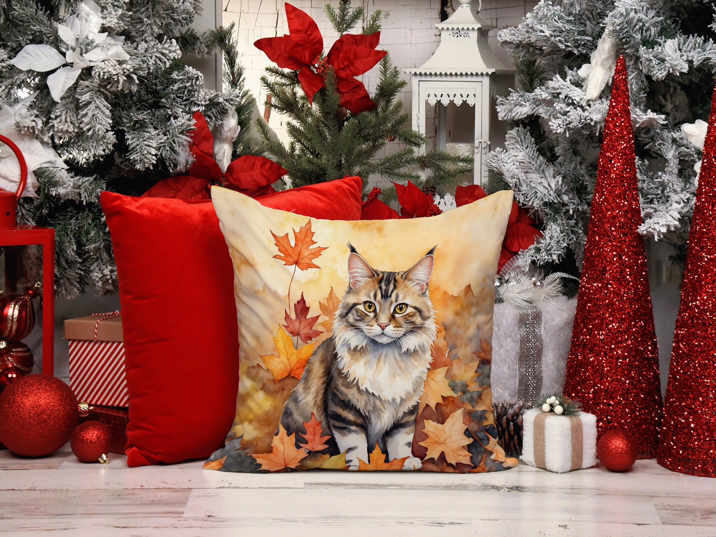 Kurilian Bobtail Cat in Fall Leaves Throw Pillow