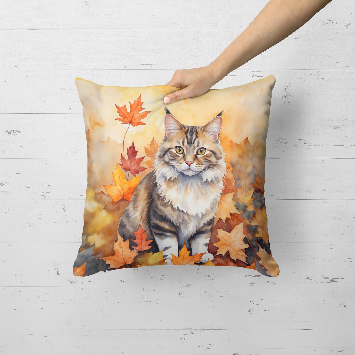 Kurilian Bobtail Cat in Fall Leaves Throw Pillow