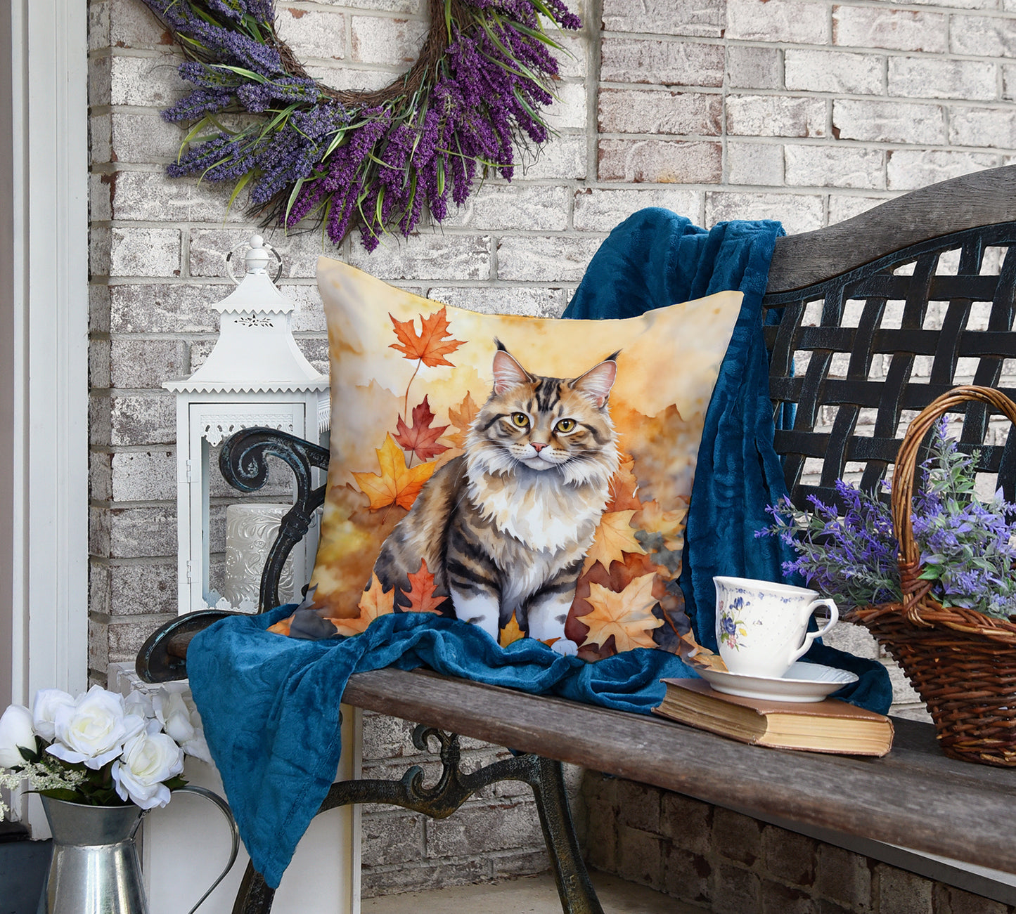 Kurilian Bobtail Cat in Fall Leaves Throw Pillow