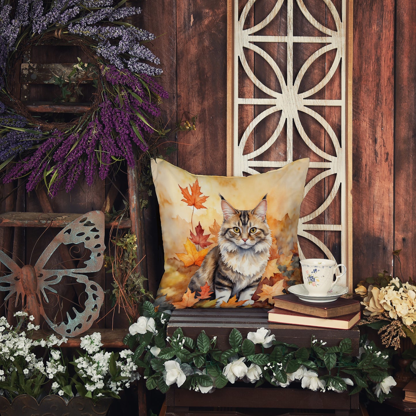 Kurilian Bobtail Cat in Fall Leaves Throw Pillow