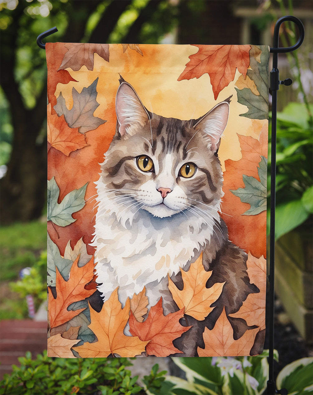 La Perm Cat in Fall Leaves Garden Flag