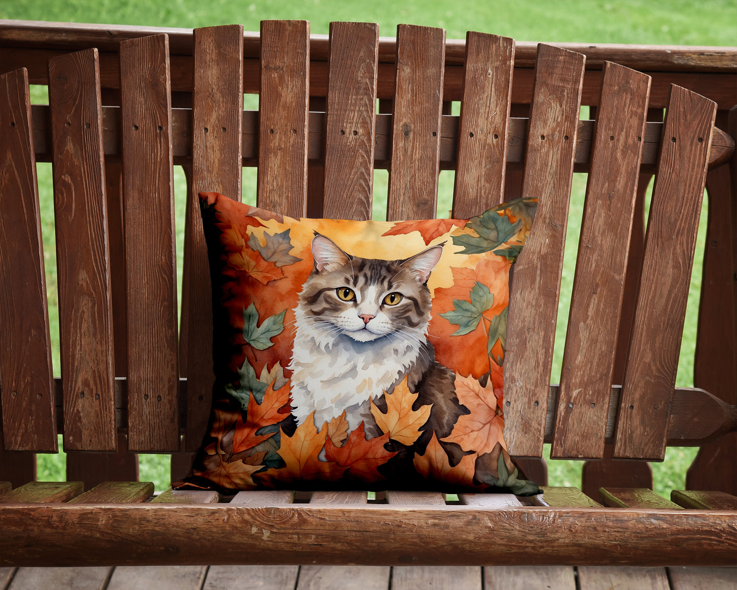 La Perm Cat in Fall Leaves Throw Pillow