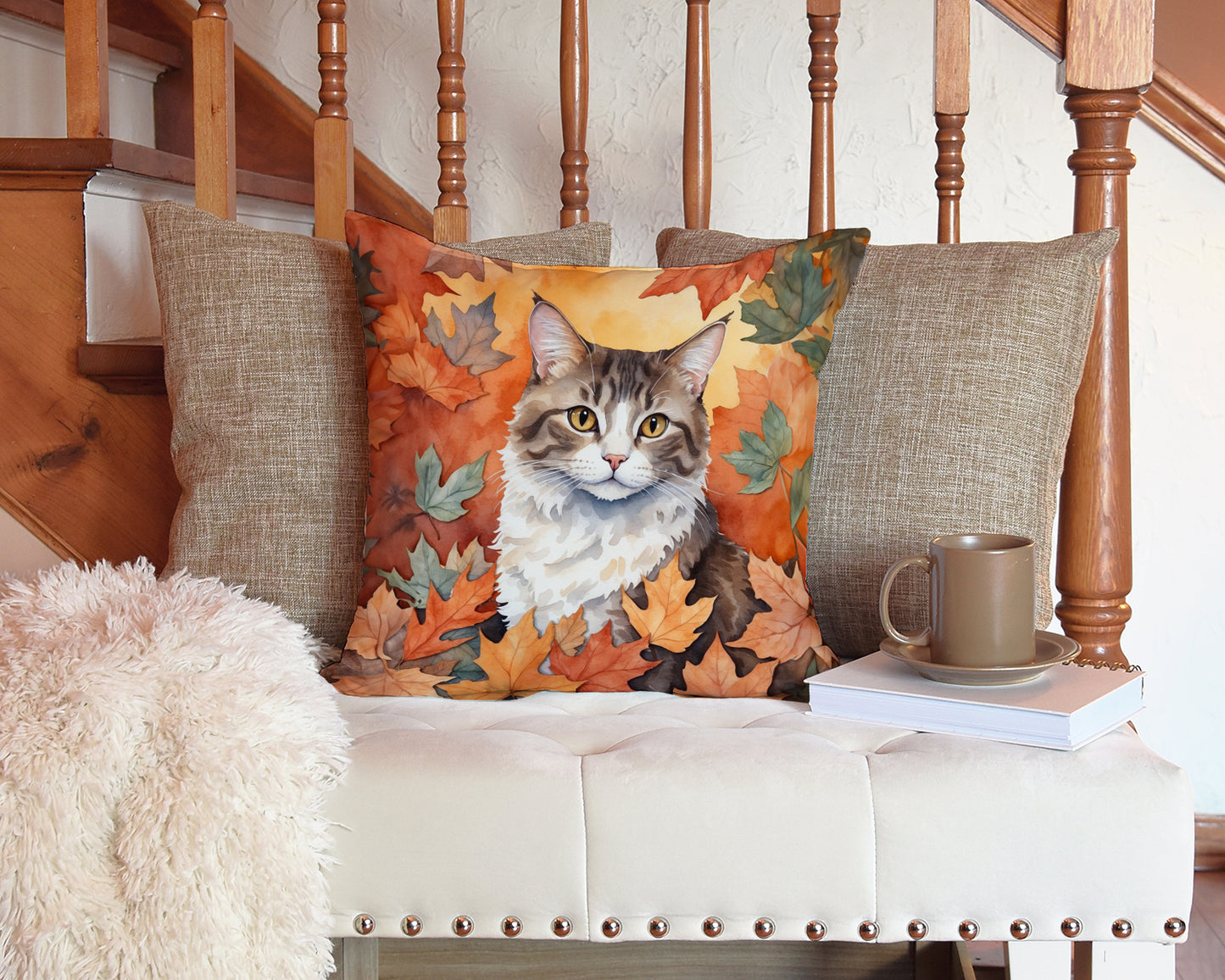 La Perm Cat in Fall Leaves Throw Pillow