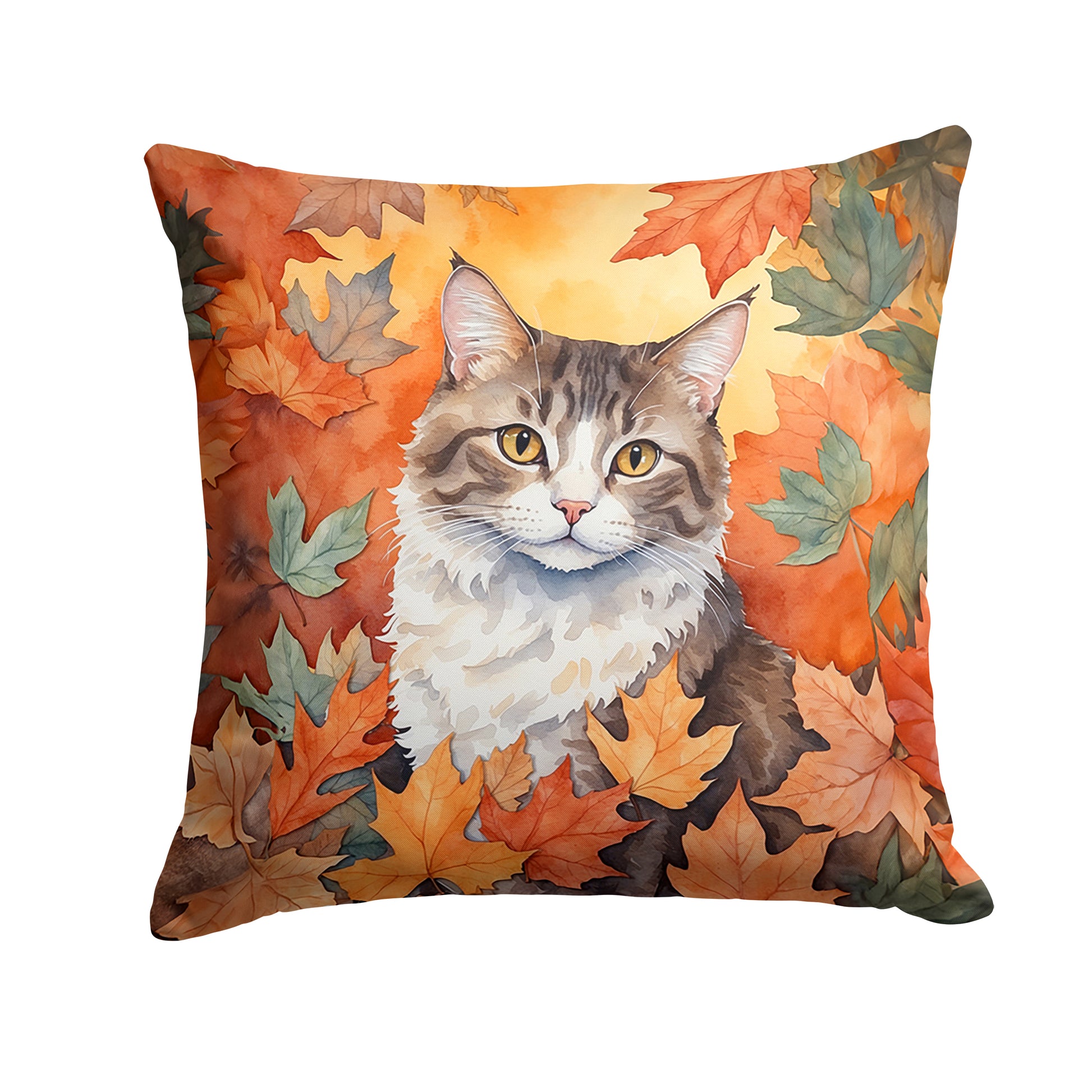 Buy this La Perm Cat in Fall Leaves Throw Pillow