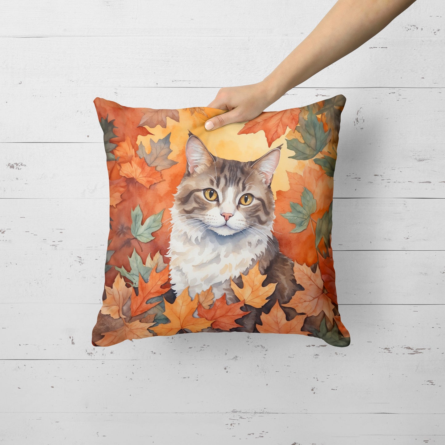 La Perm Cat in Fall Leaves Throw Pillow