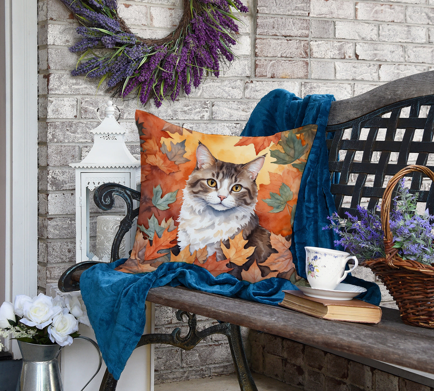 La Perm Cat in Fall Leaves Throw Pillow