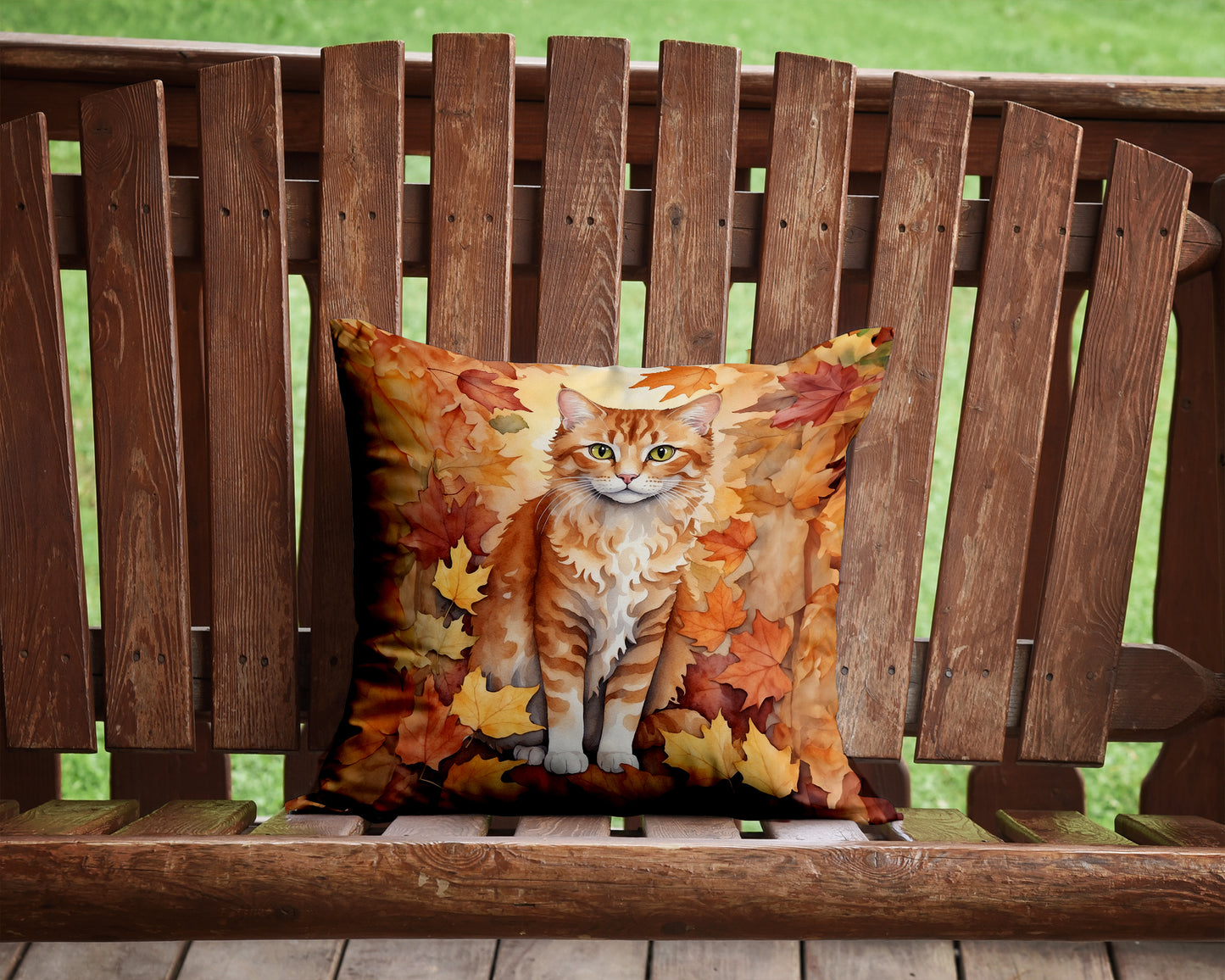 La Perm Cat in Fall Leaves Throw Pillow