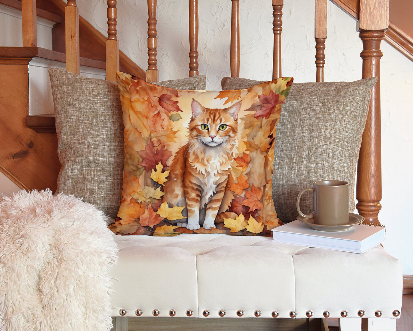 La Perm Cat in Fall Leaves Throw Pillow