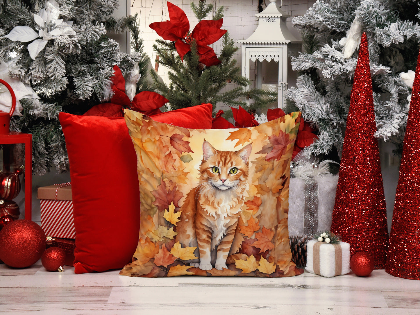 La Perm Cat in Fall Leaves Throw Pillow