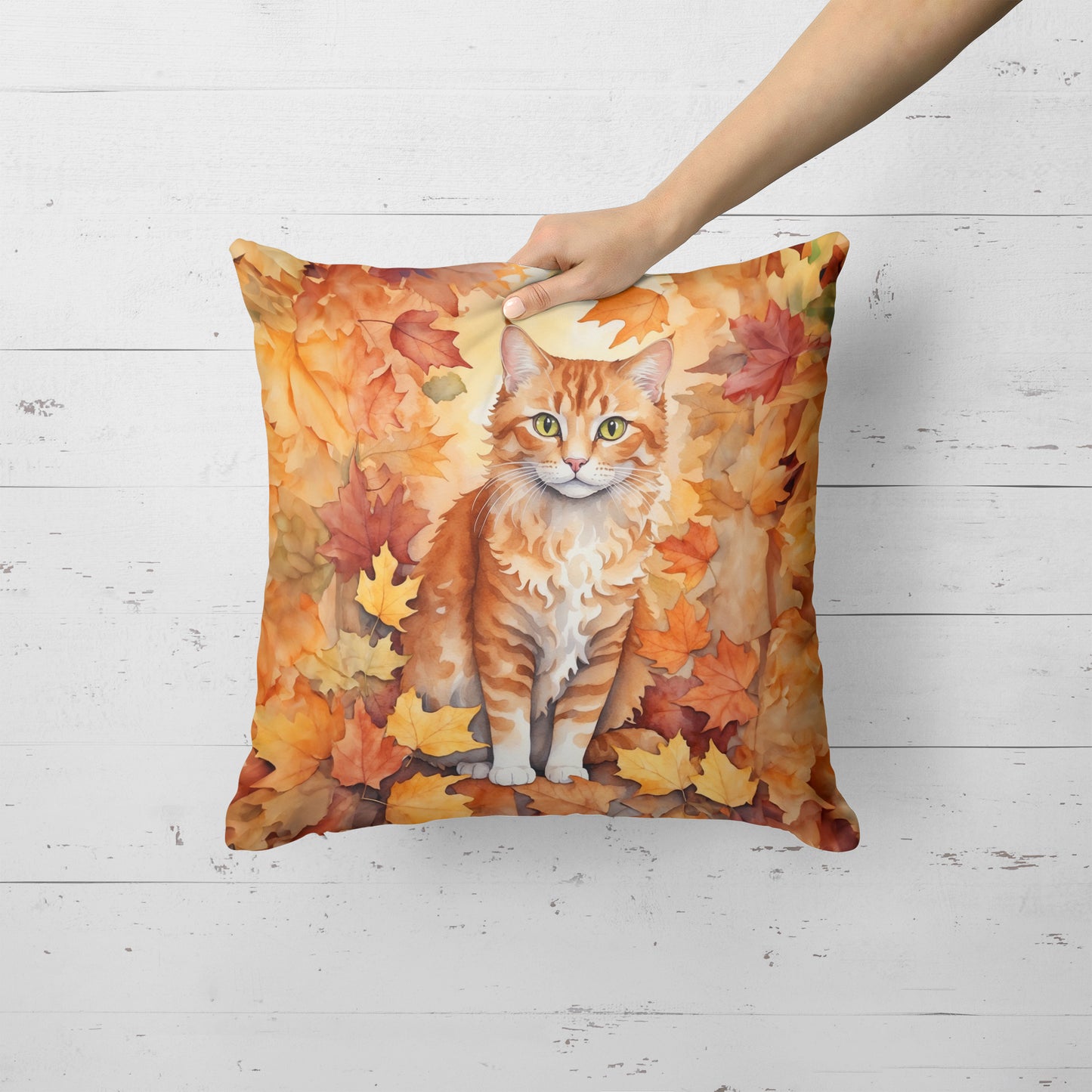 La Perm Cat in Fall Leaves Throw Pillow