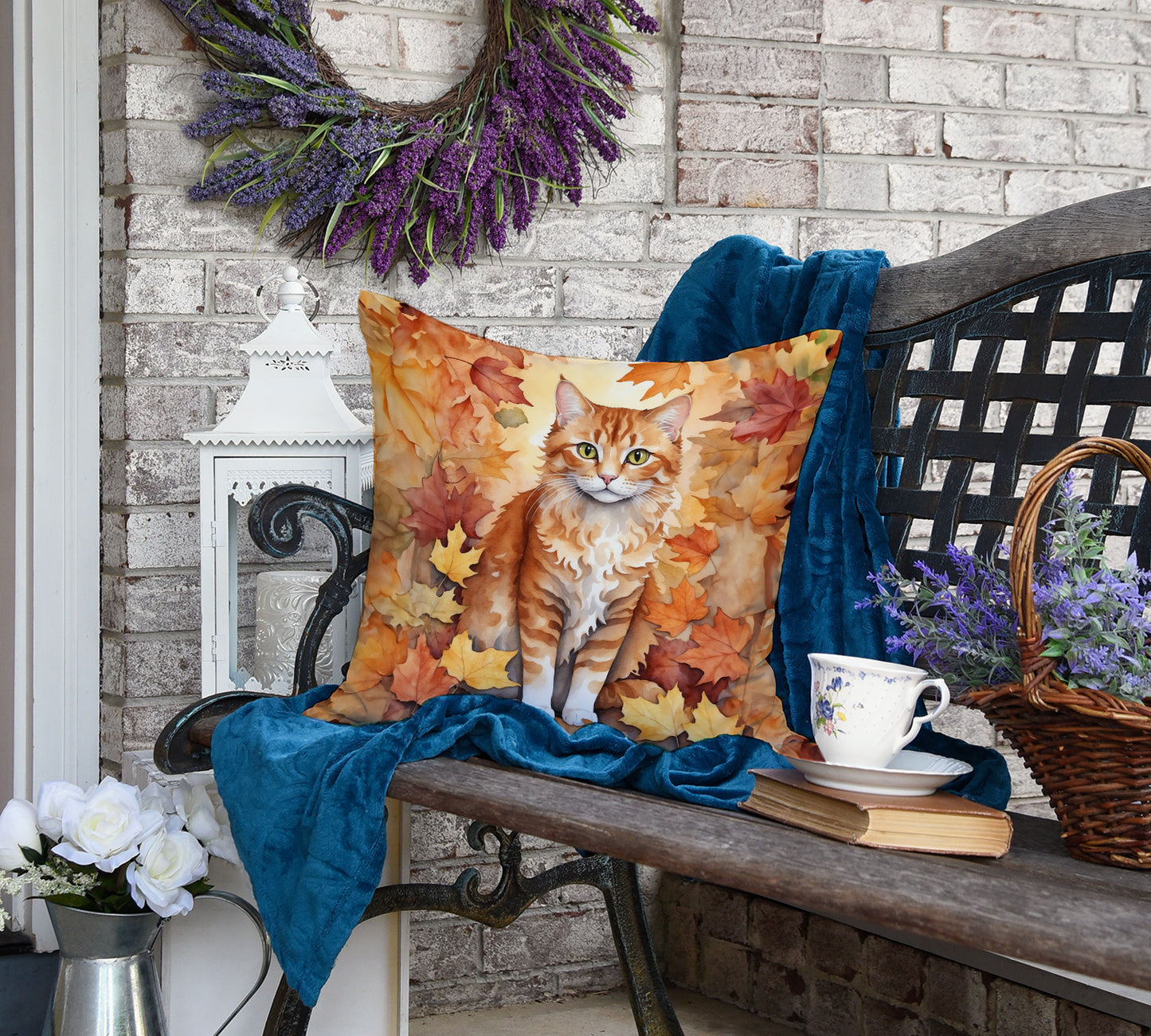 La Perm Cat in Fall Leaves Throw Pillow