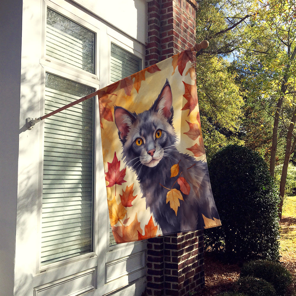 Lykoi Cat in Fall Leaves House Flag