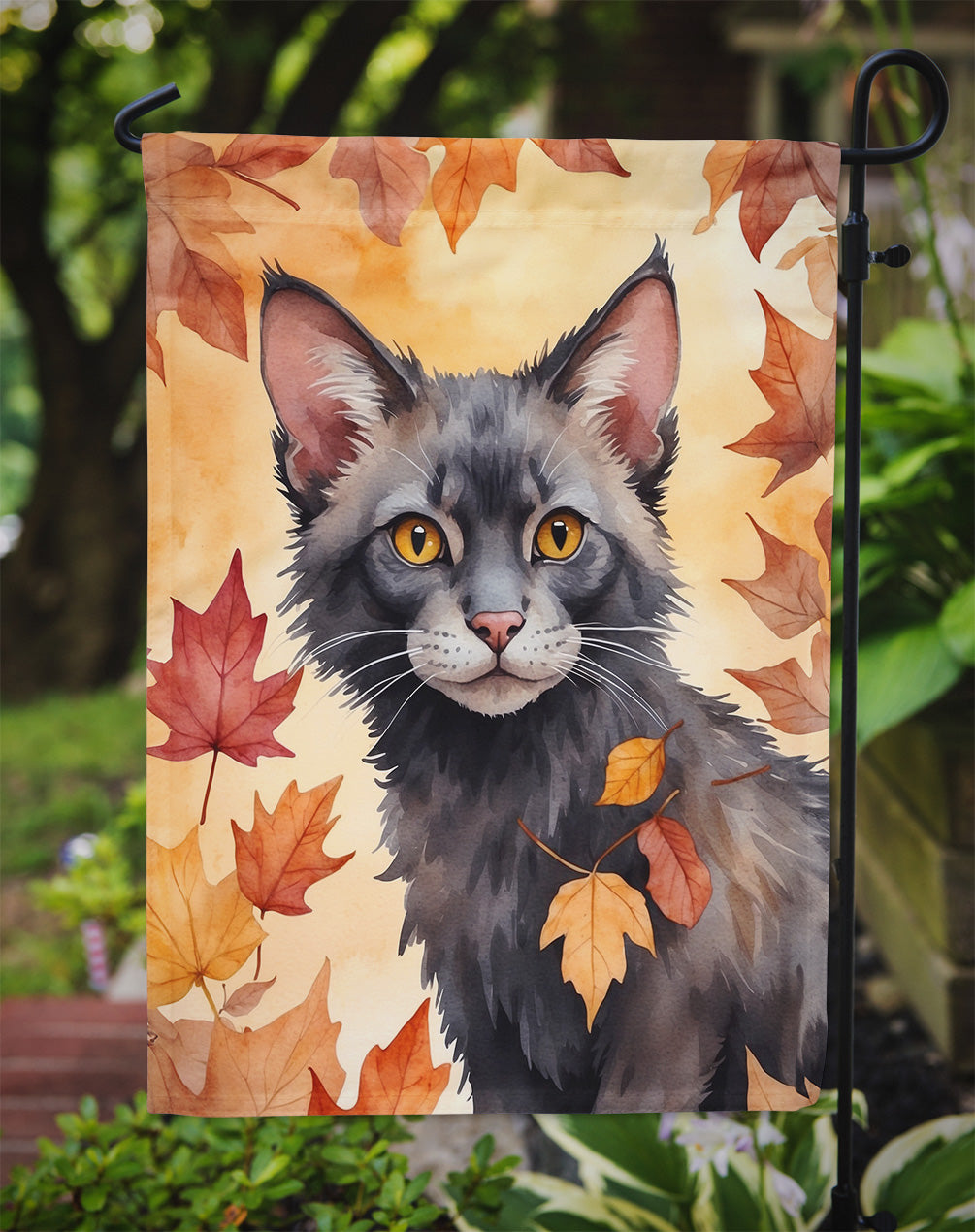 Lykoi Cat in Fall Leaves Garden Flag