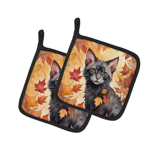 Buy this Lykoi Cat in Fall Leaves Pair of Pot Holders