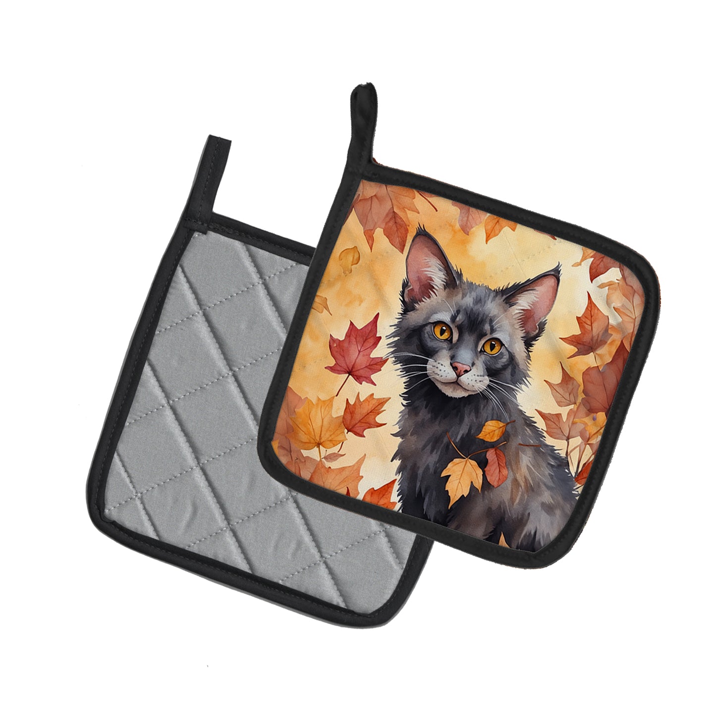 Lykoi Cat in Fall Leaves Pair of Pot Holders