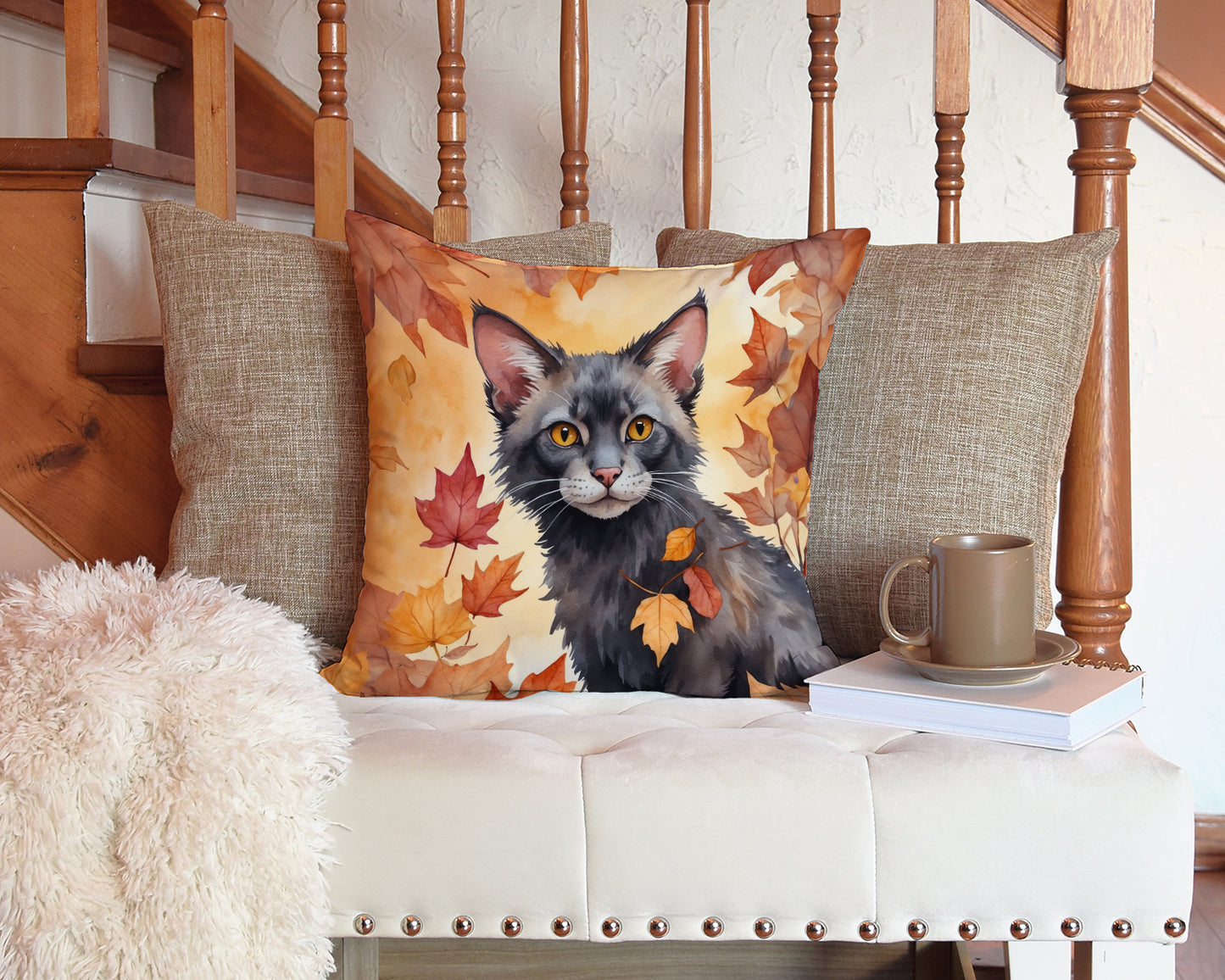 Lykoi Cat in Fall Leaves Throw Pillow