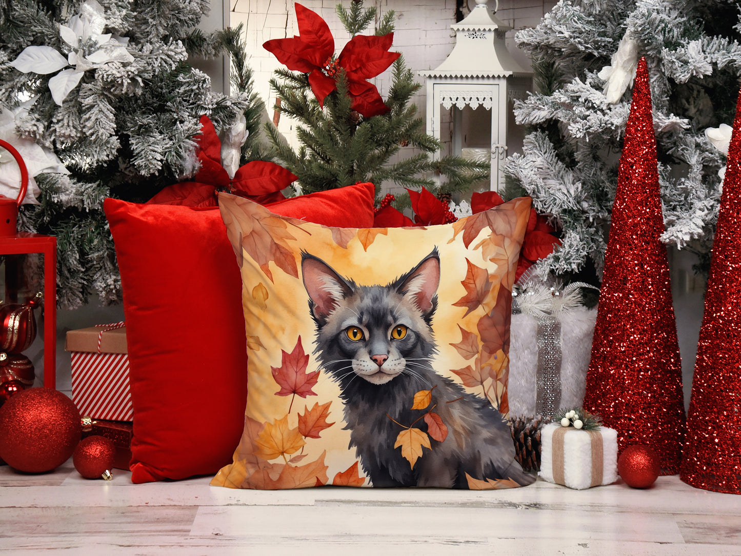 Lykoi Cat in Fall Leaves Throw Pillow