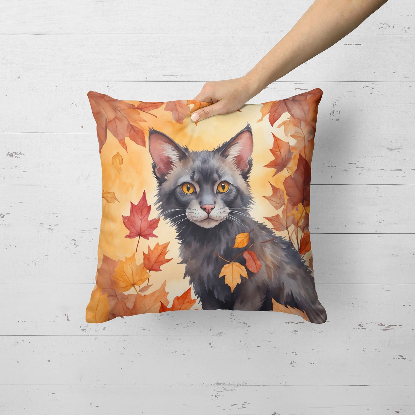 Lykoi Cat in Fall Leaves Throw Pillow