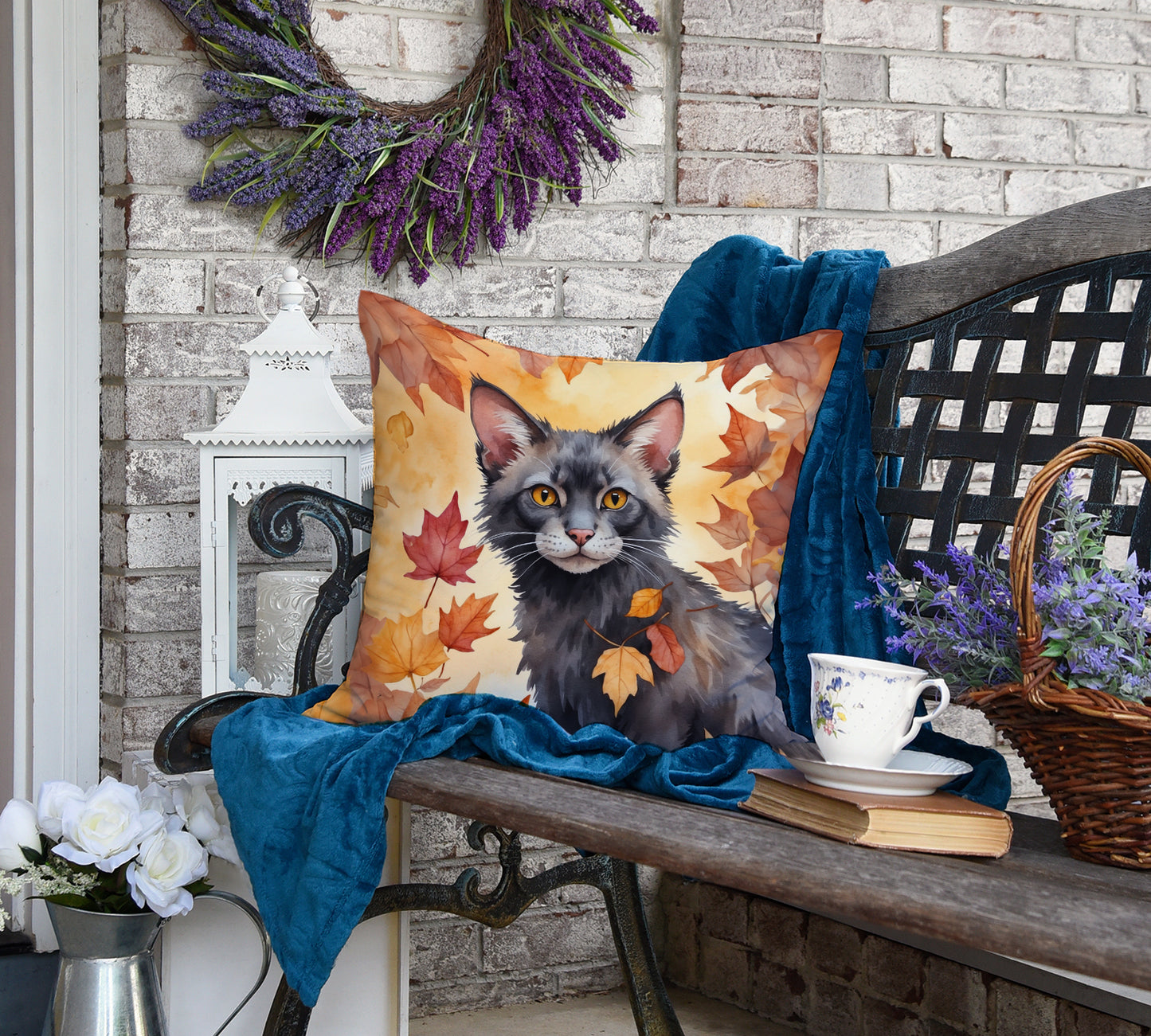 Lykoi Cat in Fall Leaves Throw Pillow