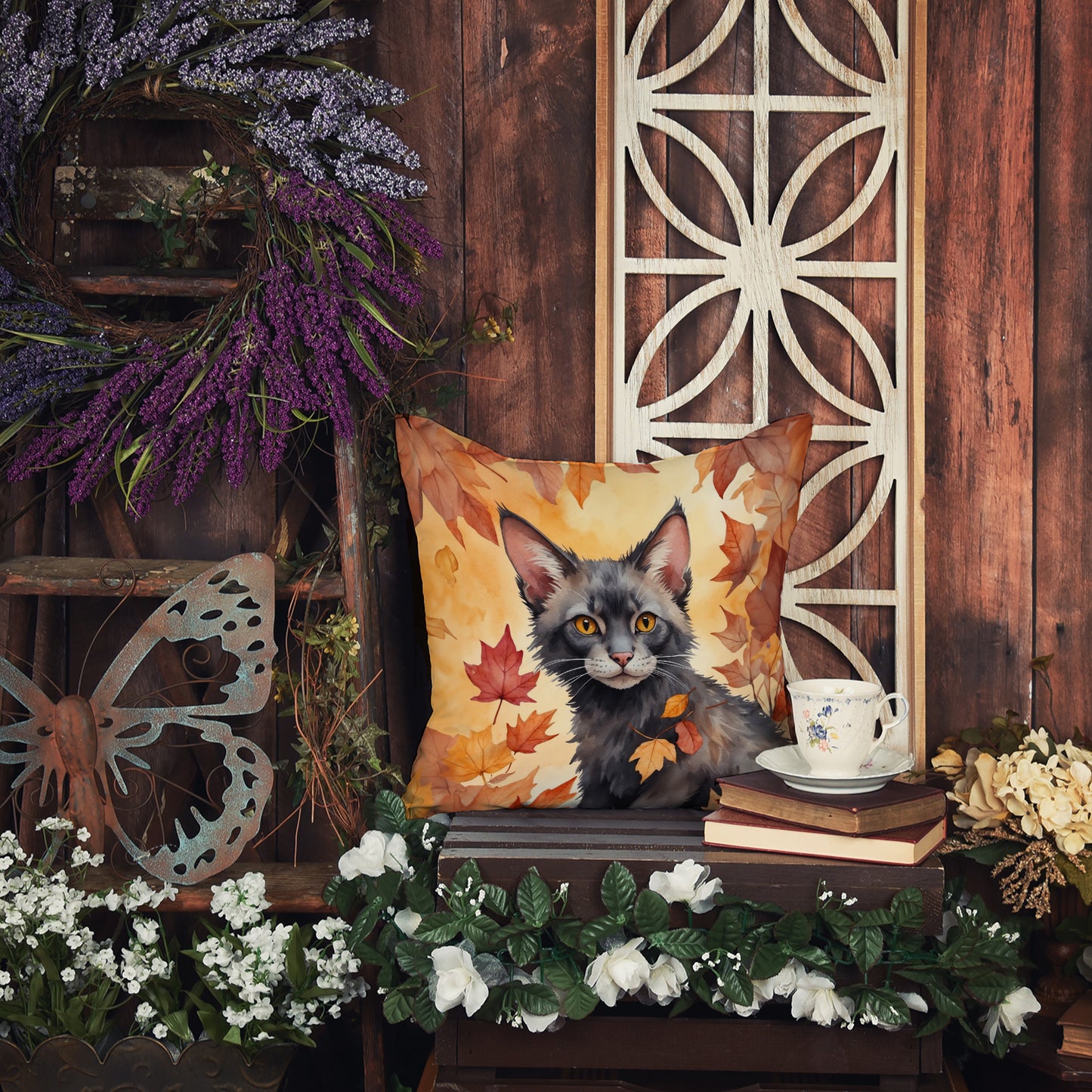 Lykoi Cat in Fall Leaves Throw Pillow