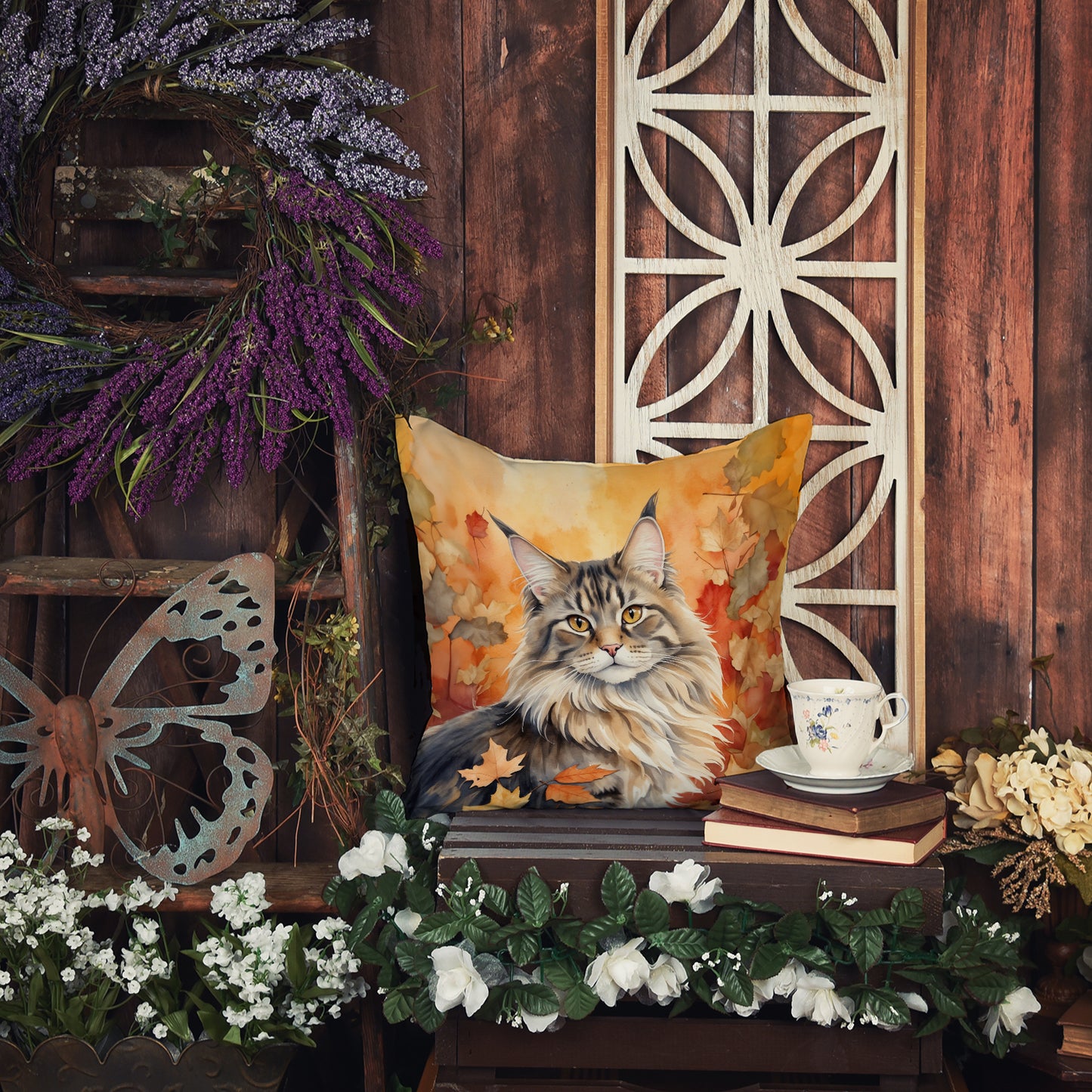 MaineCoon Cat in Fall Leaves Throw Pillow