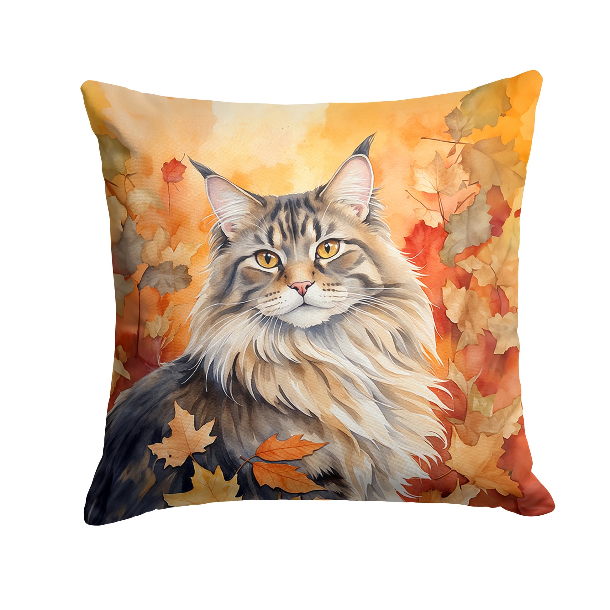 Buy this MaineCoon Cat in Fall Leaves Throw Pillow