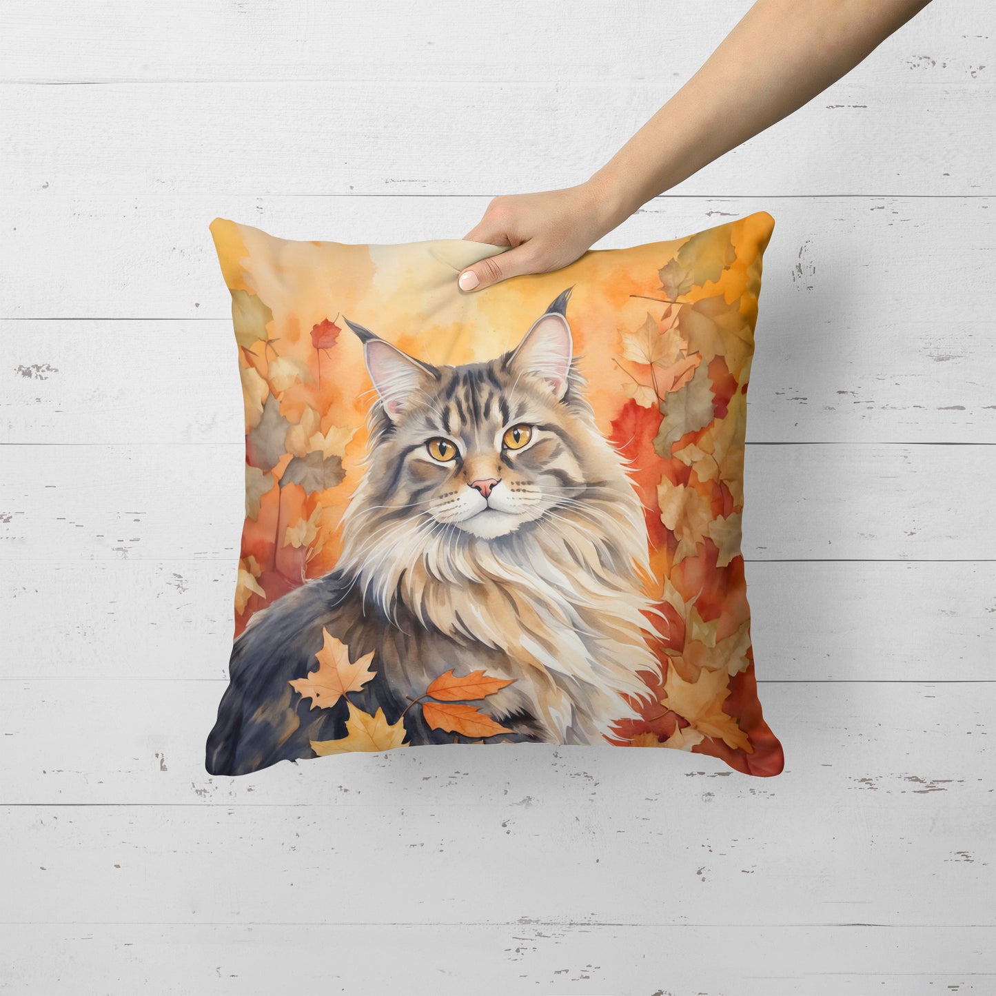 MaineCoon Cat in Fall Leaves Throw Pillow