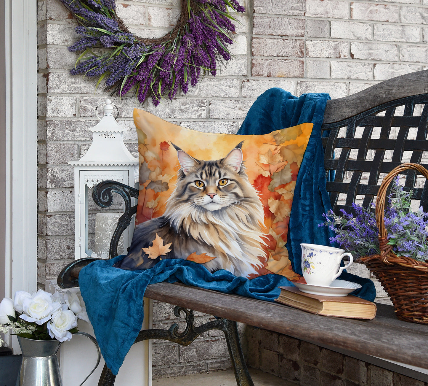 MaineCoon Cat in Fall Leaves Throw Pillow