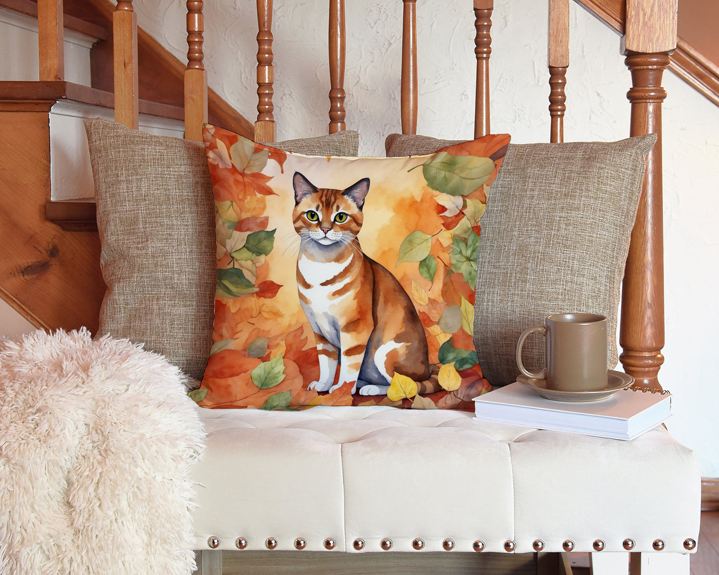 Malayan Cat in Fall Leaves Throw Pillow