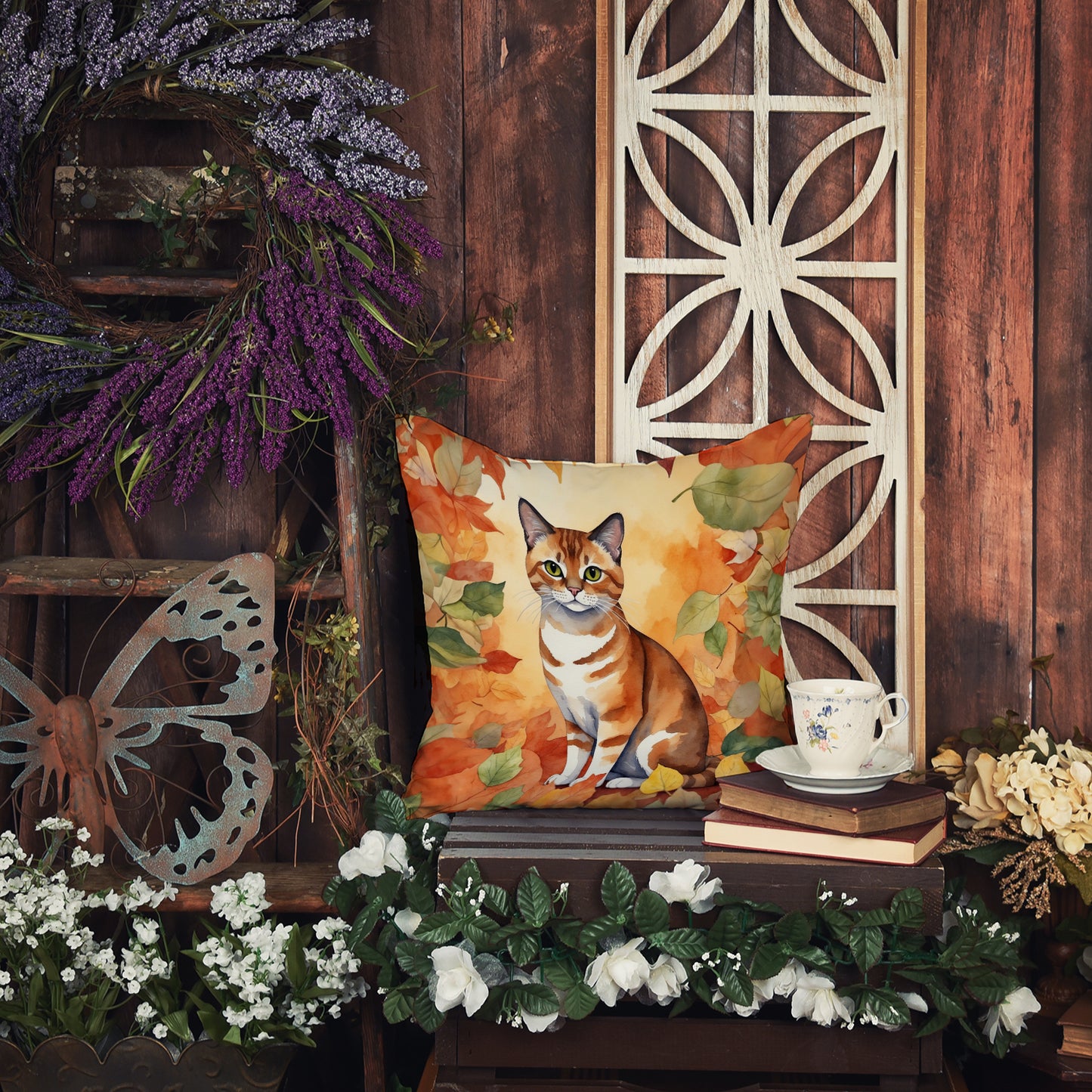 Malayan Cat in Fall Leaves Throw Pillow