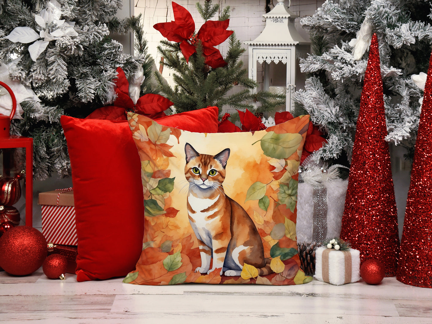 Malayan Cat in Fall Leaves Throw Pillow