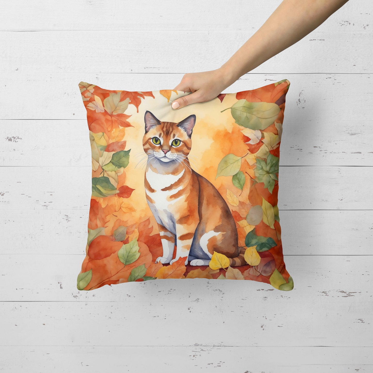 Malayan Cat in Fall Leaves Throw Pillow