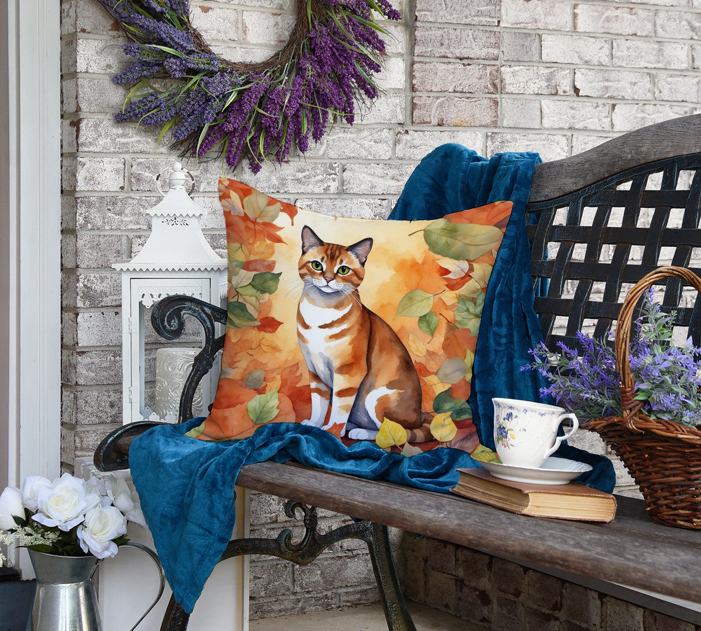 Malayan Cat in Fall Leaves Throw Pillow