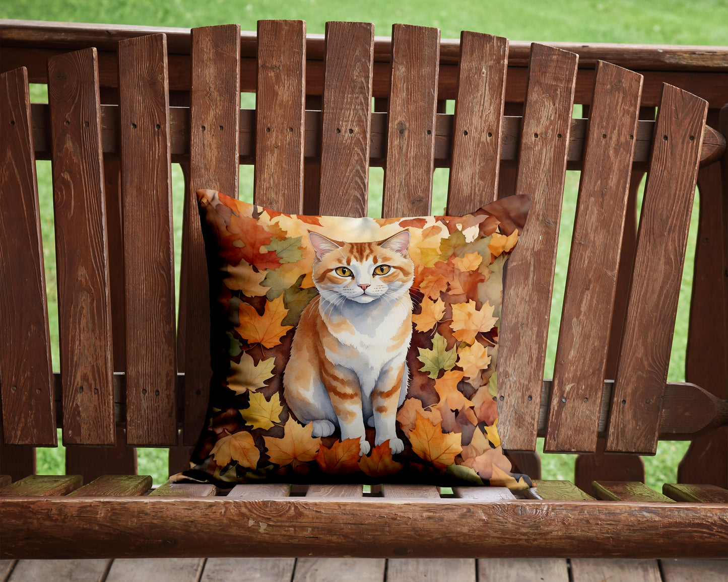 Manx Cat in Fall Leaves Throw Pillow