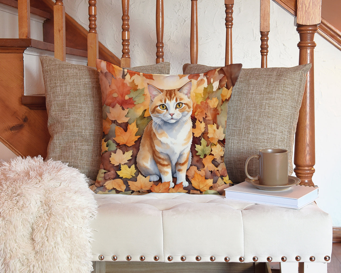 Manx Cat in Fall Leaves Throw Pillow