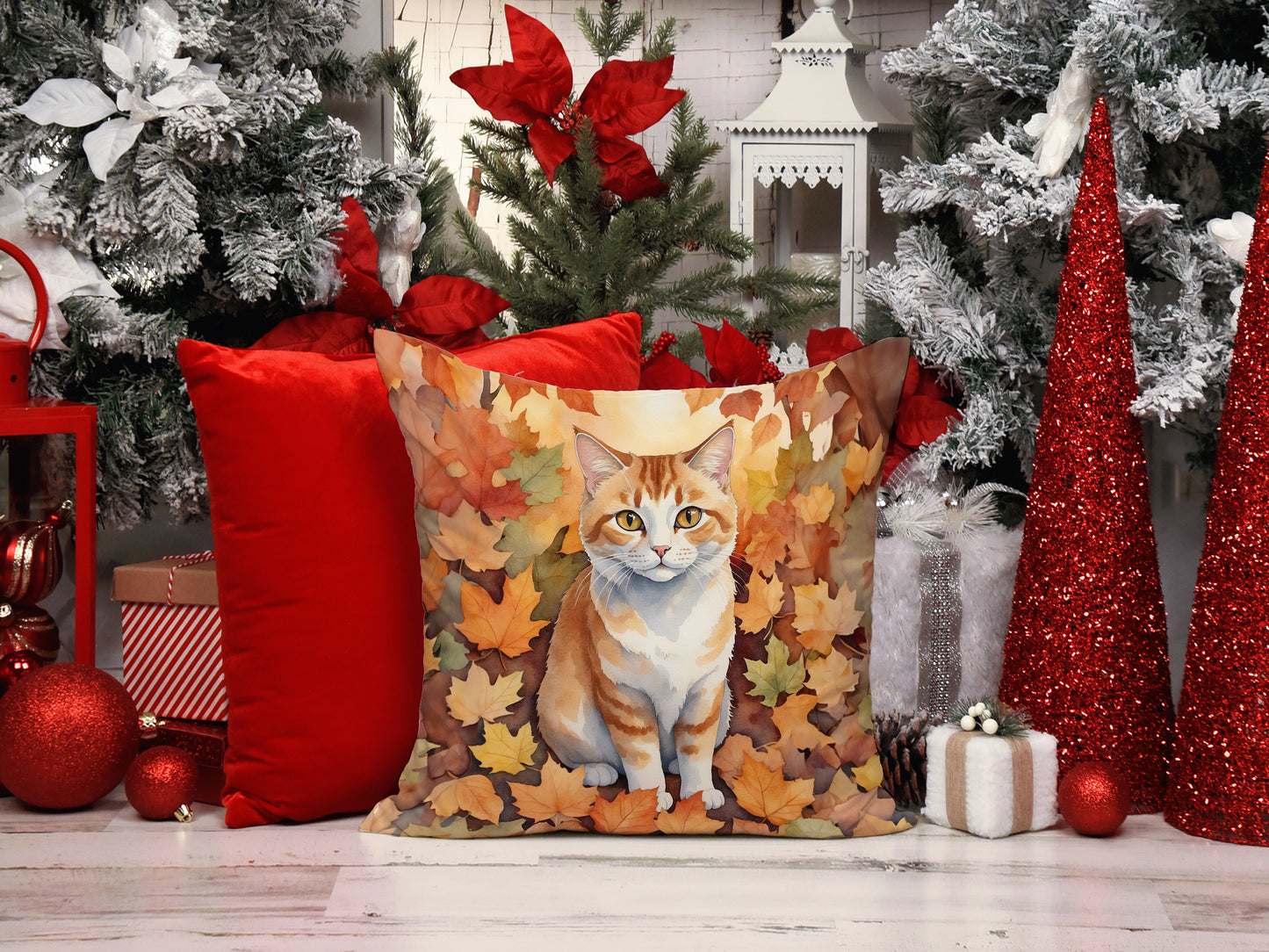 Manx Cat in Fall Leaves Throw Pillow