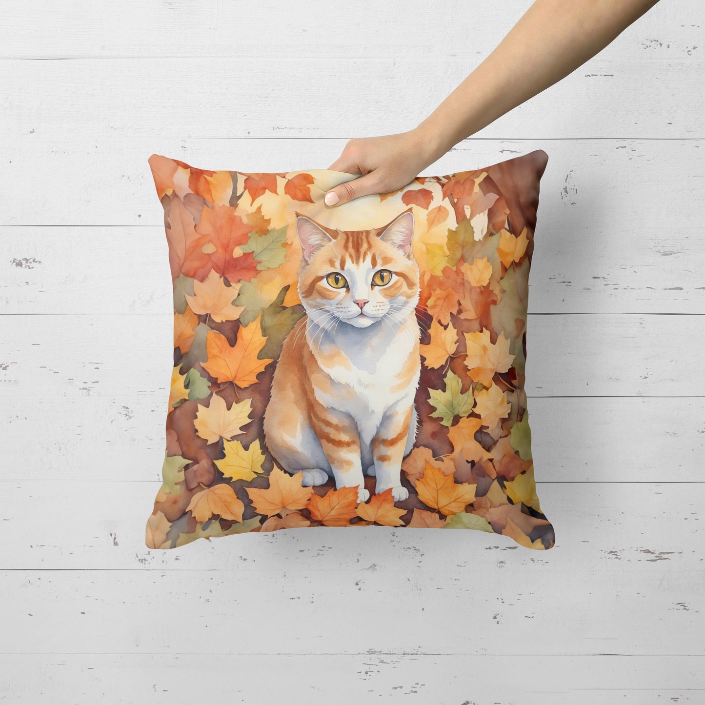 Manx Cat in Fall Leaves Throw Pillow