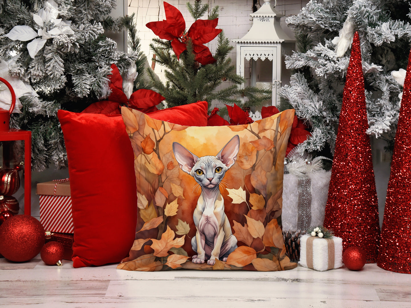 Minskin Cat in Fall Leaves Throw Pillow