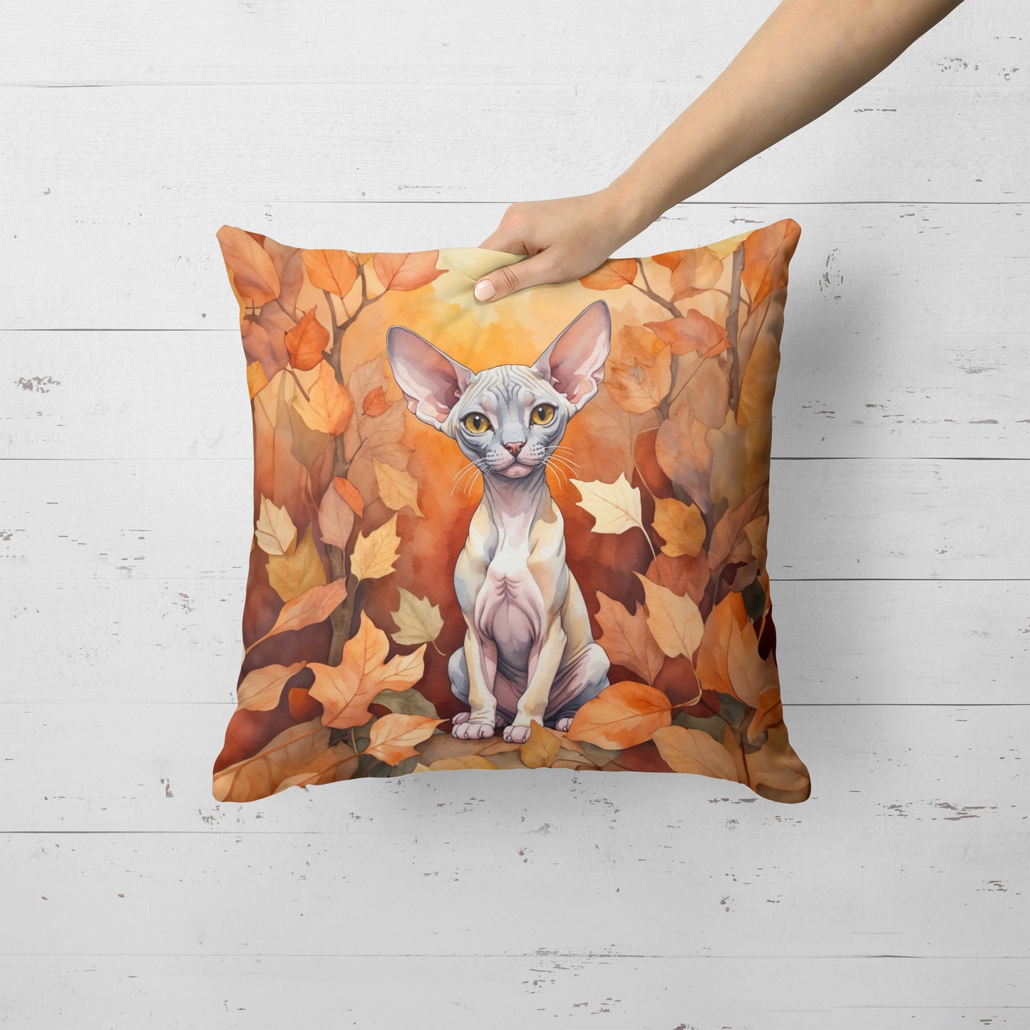 Minskin Cat in Fall Leaves Throw Pillow